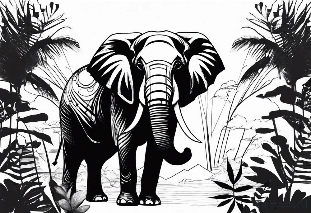 “A majestic elephant with its trunk raised, surrounded by tropical foliage, symbolizing memory and strength tattoo idea