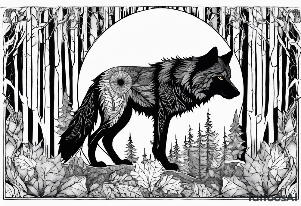 Detailed powerful Wolf in Front of a scary forest tattoo idea