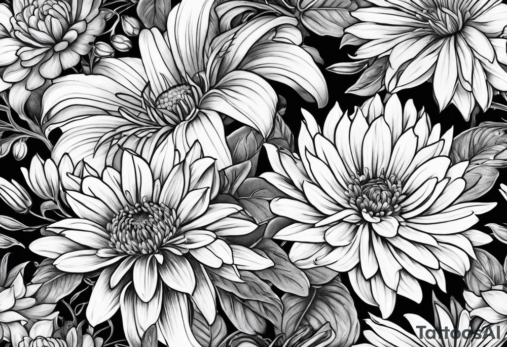 Asters, roses, Lillies, chrysanthemums tattoo idea