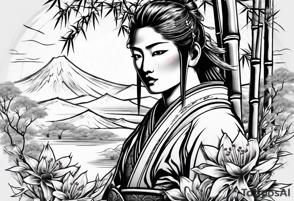 bamboo with japanese warrior and a cherry blossum tree in the background tattoo idea