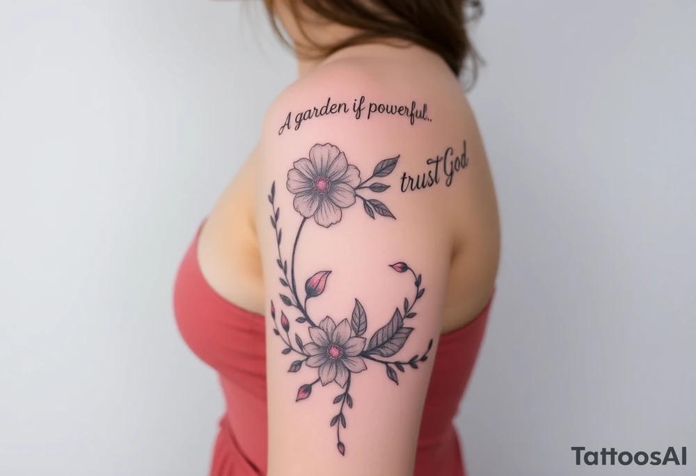 🌿 Right Arm Sleeve
	•	Top shoulder: “Soft but strong, kind but powerful.”
→ Wrapped with light olive vines
	•	Mid-arm: Peonies, lilies, tulips (your favorites)
→ Optional red ink in petal accents
	•	Lower arm/wrist: Vine wrap
→ Script: “Trust God”
	•	Style: Light, flowing, fine-line — NOT bold or filled-in

⸻

🌸 Spine Tattoo & Flow
	•	Already present floral spine tattoo
	•	New elements will connect from your sleeve, flow down from the right shoulder, lightly wrapping into your back
	•	Inspired by the reference with floral script diagonally across the spine
	•	Optional soft red ink details to enhance movement

⸻

🍑 Left Thigh + Butt
	•	Quote: “A garden of her own”
→ Placed on side of butt, flowing from lower back
	•	Floral extension down the thigh — tulips/peonies
	•	Minimal, romantic, fine-line

⸻

👣 Right Ankle
	•	Vine wrap with script: “walk in grace”
→ Placement wraps side ankle or above heel

⸻

✨ Left Arm Details
	•	Inner upper arm (2 stacked lines):
“She is clothed in strength and dignity.”
“…and laughs without fear of the future.”
	•	Lower outer arm: Number 7 (simple, small fine-line)
	•	Hand near thumb: “Godspeed” in thin cursive tattoo idea