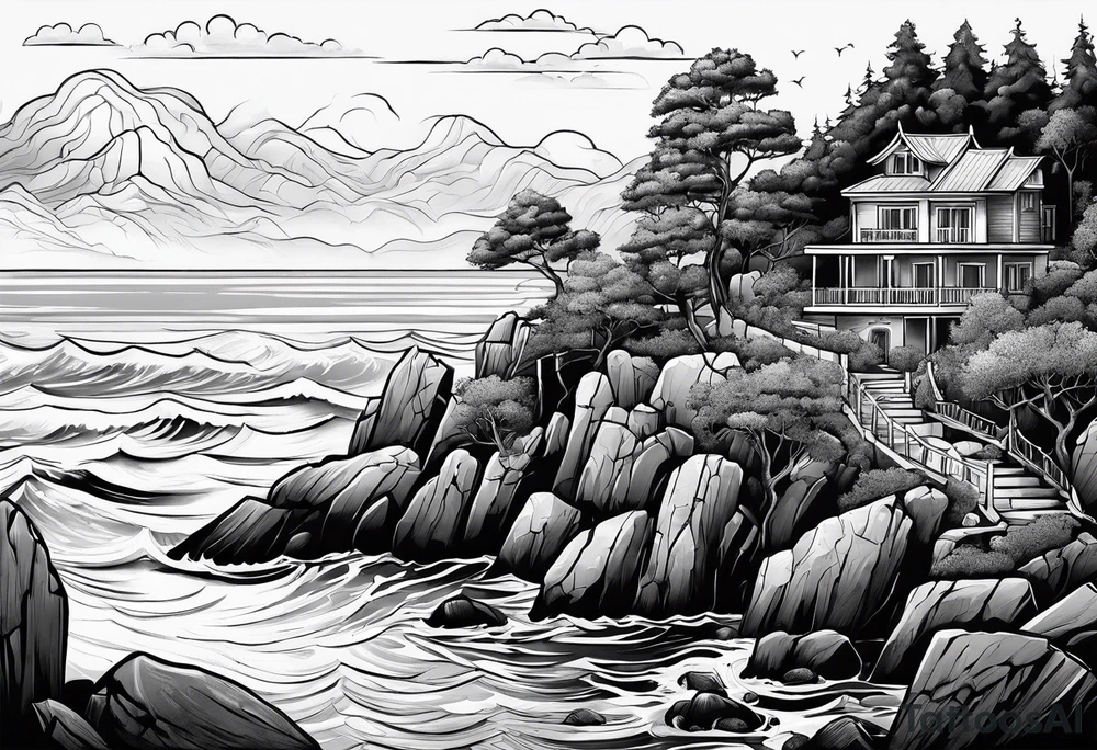 Sea view with rocks, trees, people and homes tattoo idea