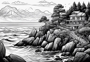 Sea view with rocks, trees, people and homes tattoo idea