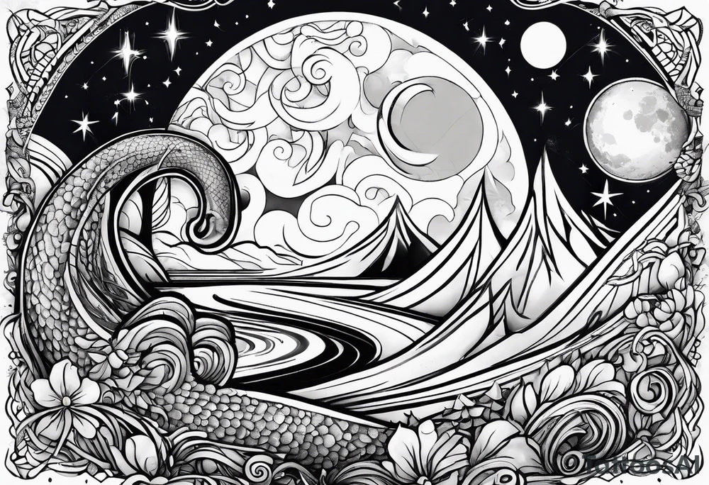 Moon, snake, cosmos, small cover up tattoo idea