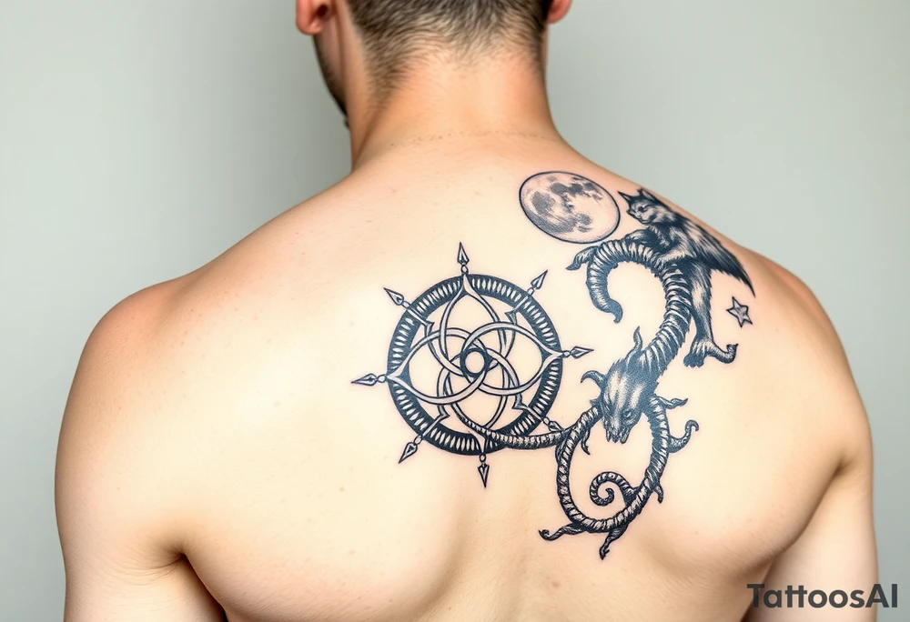 Right arm sleeve for men 
With wolf and moon on the top then Triskelion: Cycles of life then Ouroboros then something else tattoo idea