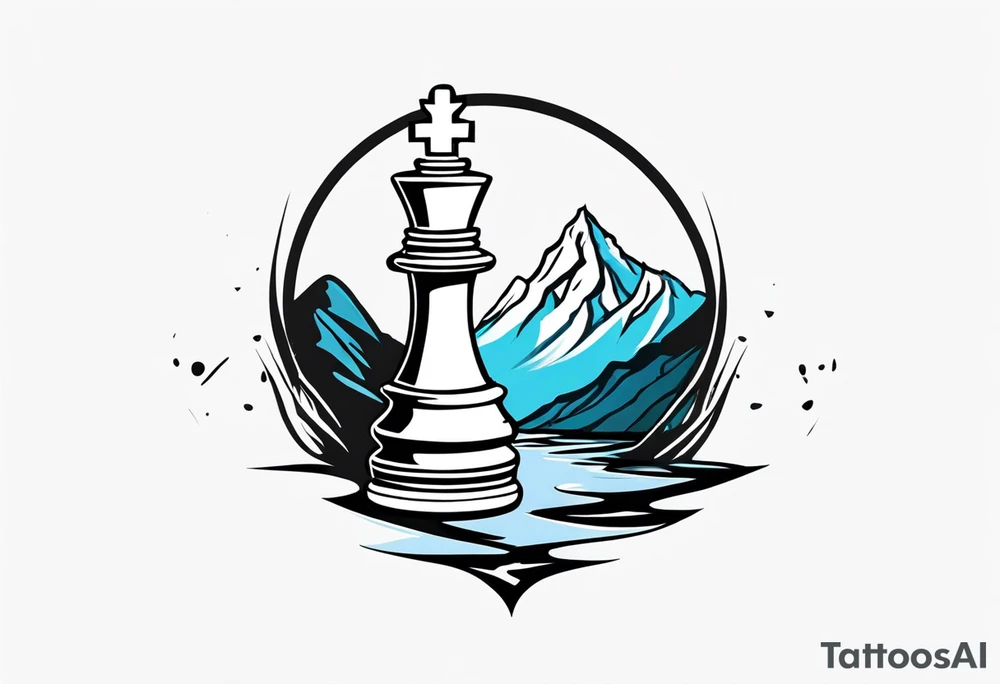 chess queen piece contour with mountain river flowing out of it tattoo idea