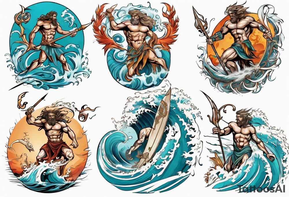 Ancient Greek gods of the sea fighting with surfer  and trident tattoo idea