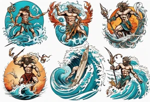 Ancient Greek gods of the sea fighting with surfer  and trident tattoo idea