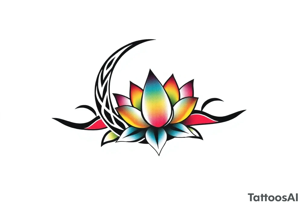 small colorful crescent moon with lotus flower tattoo idea