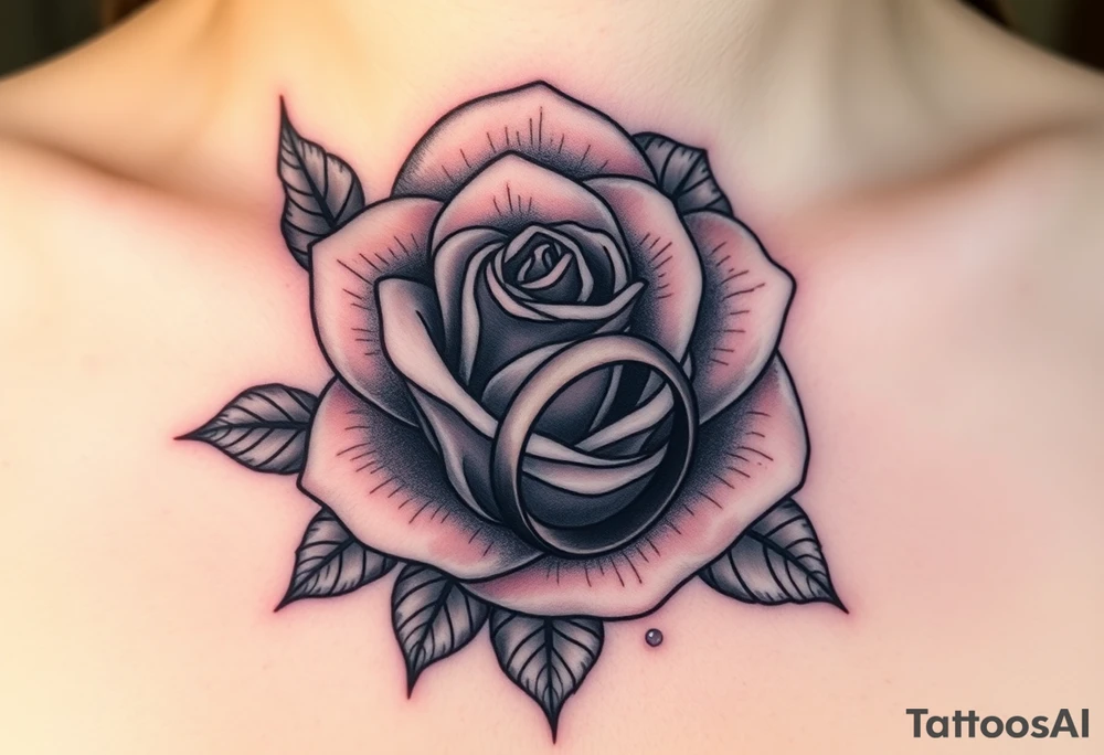 A majestic blooming rose wrapped around a two wedding rings, with dewdrops reflecting light tattoo idea