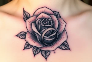 A majestic blooming rose wrapped around a two wedding rings, with dewdrops reflecting light tattoo idea