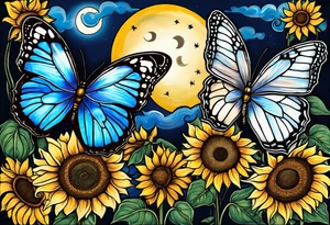 Sunflowers, full moon, blue morpho butterflies cross tattoo idea