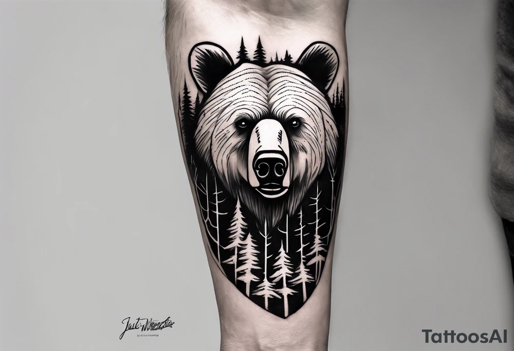 bear head right above the forest line with a lake below, full arm sleeve tattoo tattoo idea
