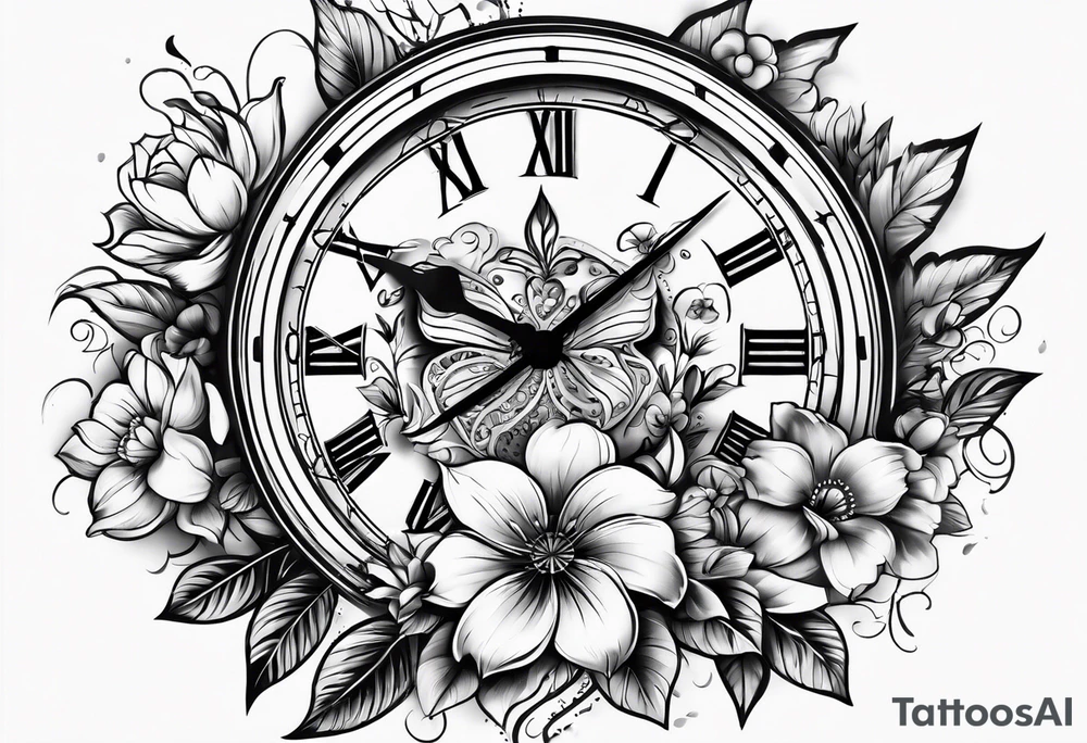 Flowers and clock tattoo idea