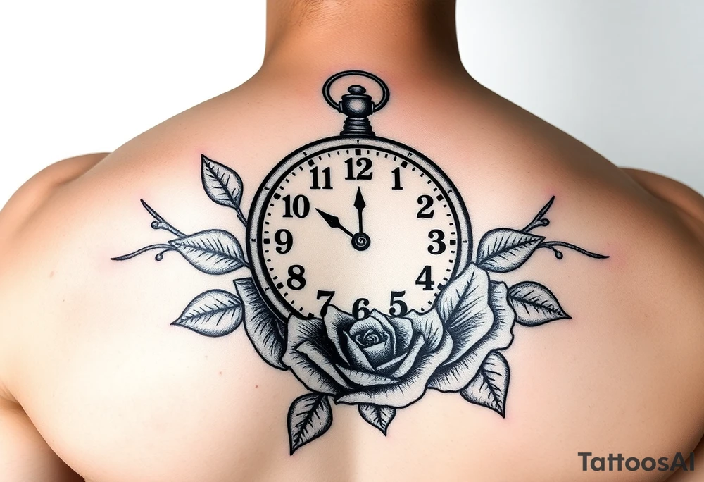 Clock showing 12:56 with rose stencil white background tattoo idea Clock showing 12:56 with rose stencil white background tattoo idea