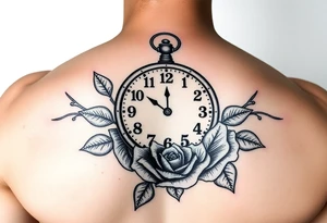 Clock showing 12:56 with rose stencil white background tattoo idea
