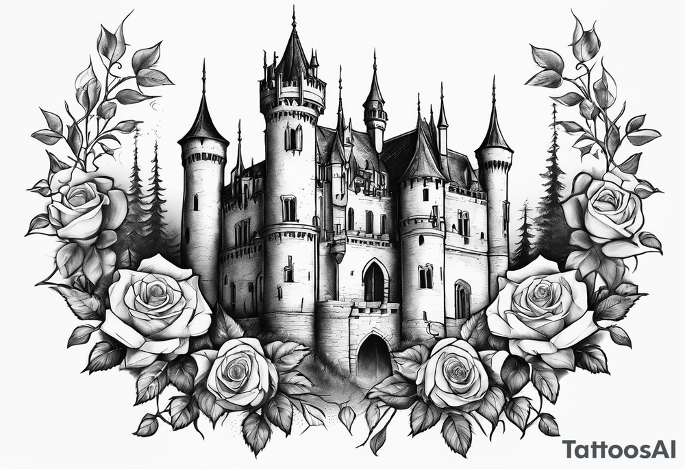 old broken gothic castle, broken sword, roses tattoo idea