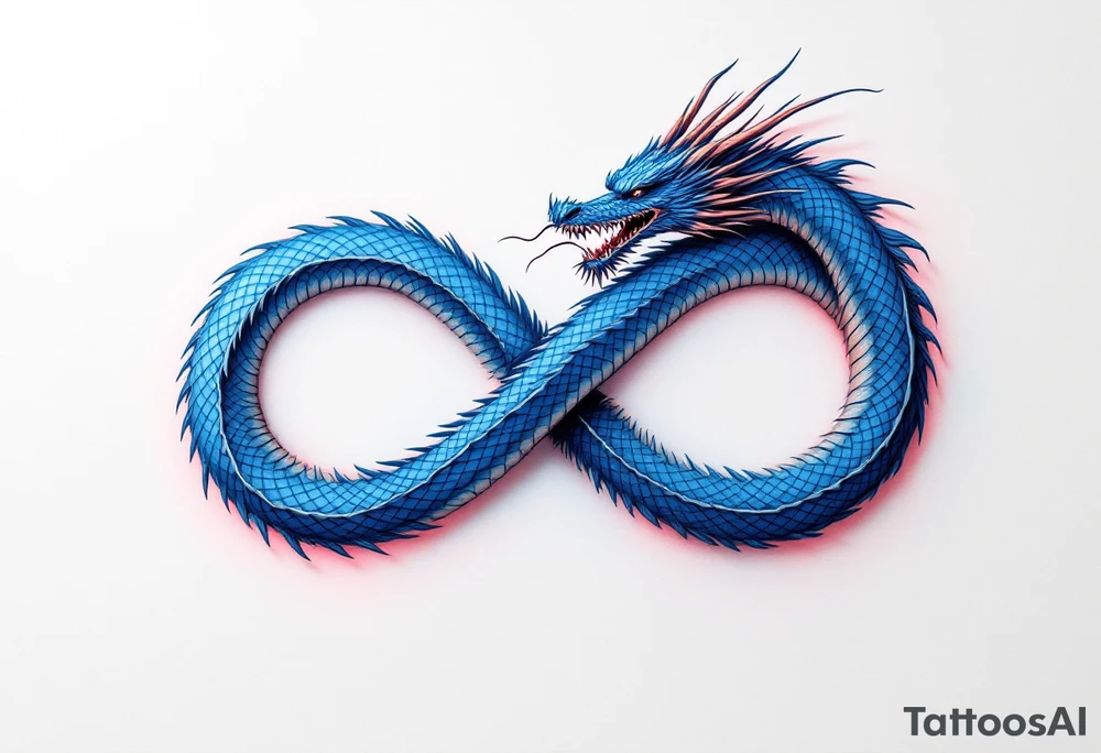 The design features a dragon, coiled in the shape of the infinity symbol (sideways number "8"). The dragon is depicted eating its own tail, symbolizing eternity and continuity, inspired by the Ouroboros.

Details:

The dragon's body has vibrant, glossy blue scales, with a smooth and polished texture.
It maintains a clean, balanced shape in the infinity figure, with sharp details and elegant flow.
Style:

The focus remains on the dragon's form, with no additional background elements to keep the design minimal and modern. tattoo idea