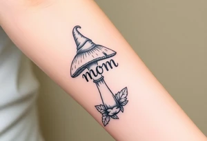 Mushroom with word mom on it with gnome sitting on top tattoo idea