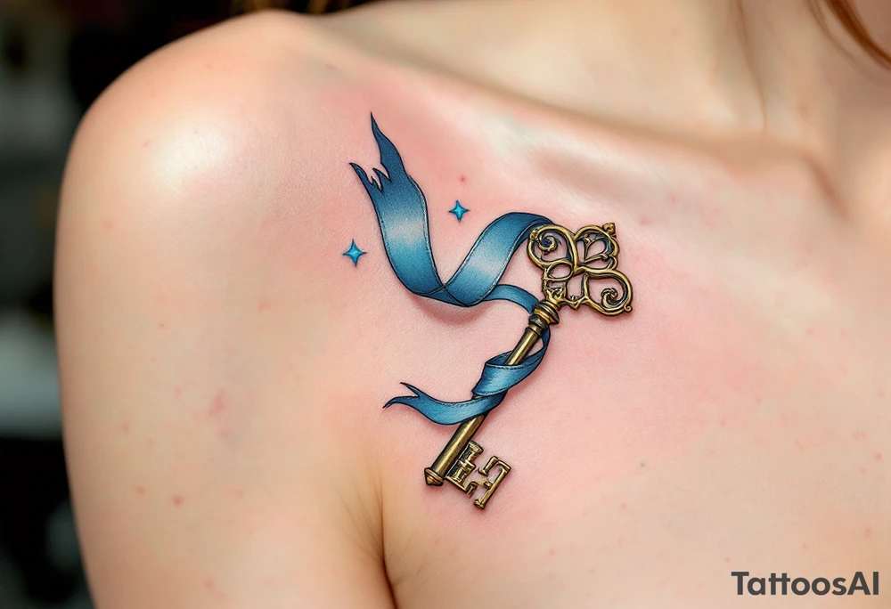 A vintage brass key with a long, flowing ribbon wrapping around the shaft, leading to a lock that features an engraved couple’s initials. Rich brass for the key, pastel blue for the ribbon, and a soft silver lock with engraved initials in gold. tattoo idea