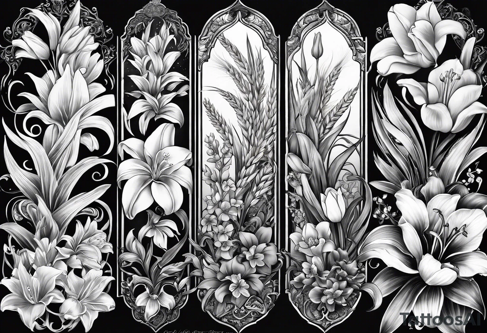 Vertical floral arm sleeve with wheat and dragonflower, snapdragon, and tulips lilly orchid, Queen-of-the-Night tattoo idea