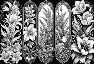 Vertical floral arm sleeve with wheat and dragonflower, snapdragon, and tulips lilly orchid, Queen-of-the-Night tattoo idea