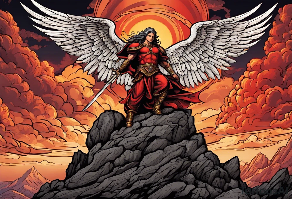 Michael the Archangel standing on top of satan laying on rock over hot lava.  Clouds and lightning in background. tattoo idea