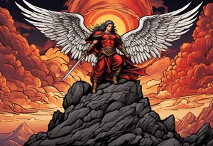 Michael the Archangel standing on top of satan laying on rock over hot lava.  Clouds and lightning in background. tattoo idea