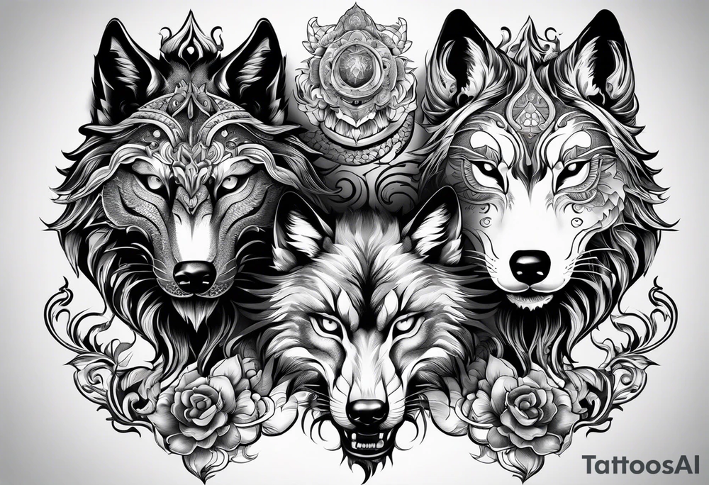 three animal heads merged. On the left chinese dragon head, in the middle feline cat head, on the right wolf head tattoo idea