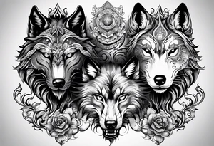 three animal heads merged. On the left chinese dragon head, in the middle feline cat head, on the right wolf head tattoo idea