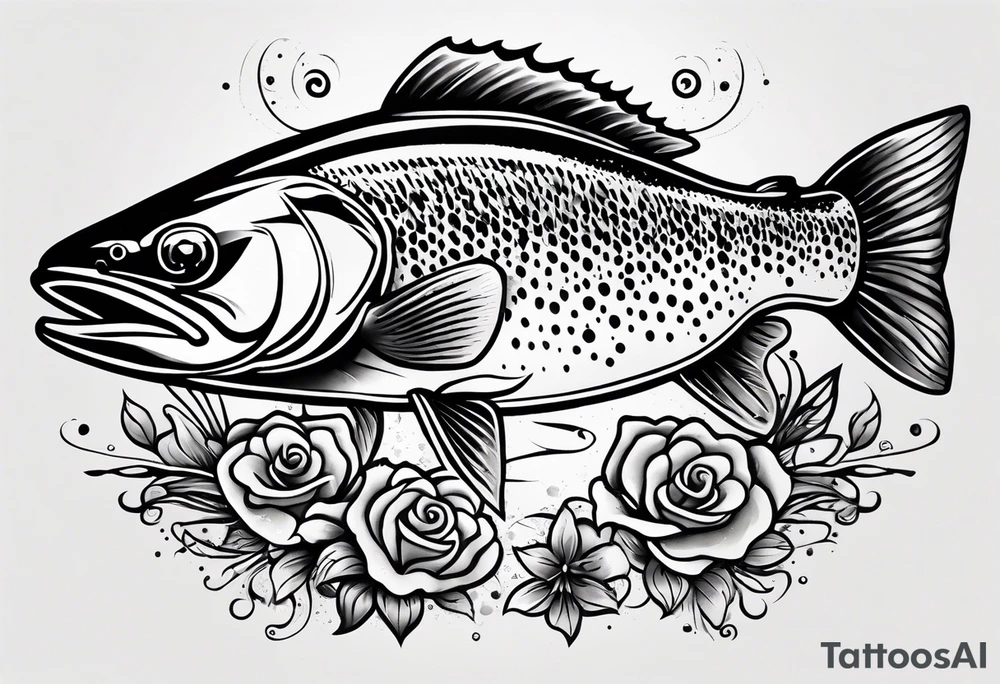 A small tattoo featuring a lovestruck trout as the main theme, drawn without lines, using only color combinations. tattoo idea