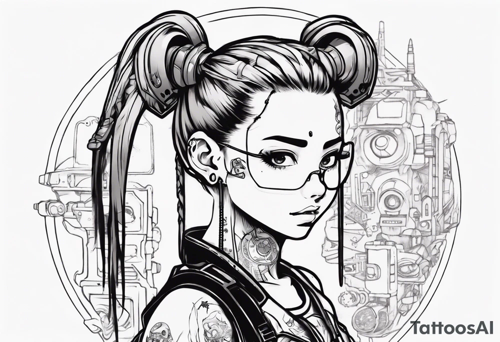 Cute cyberpunk girl with ponytail tattoo idea