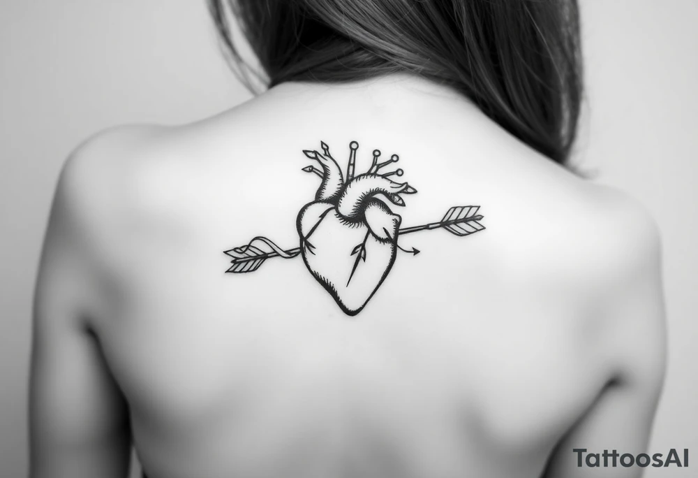 anatomical heart pierced by ornate arrow with flowing ribbons tattoo idea