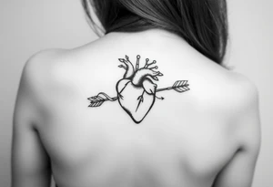 anatomical heart pierced by ornate arrow with flowing ribbons tattoo idea