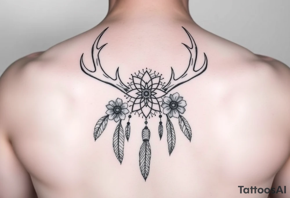 Deer antlers with dreamcatcher and Flower tattoo idea