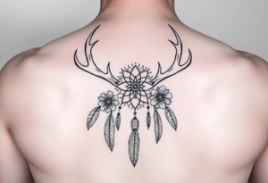 Deer antlers with dreamcatcher and Flower tattoo idea