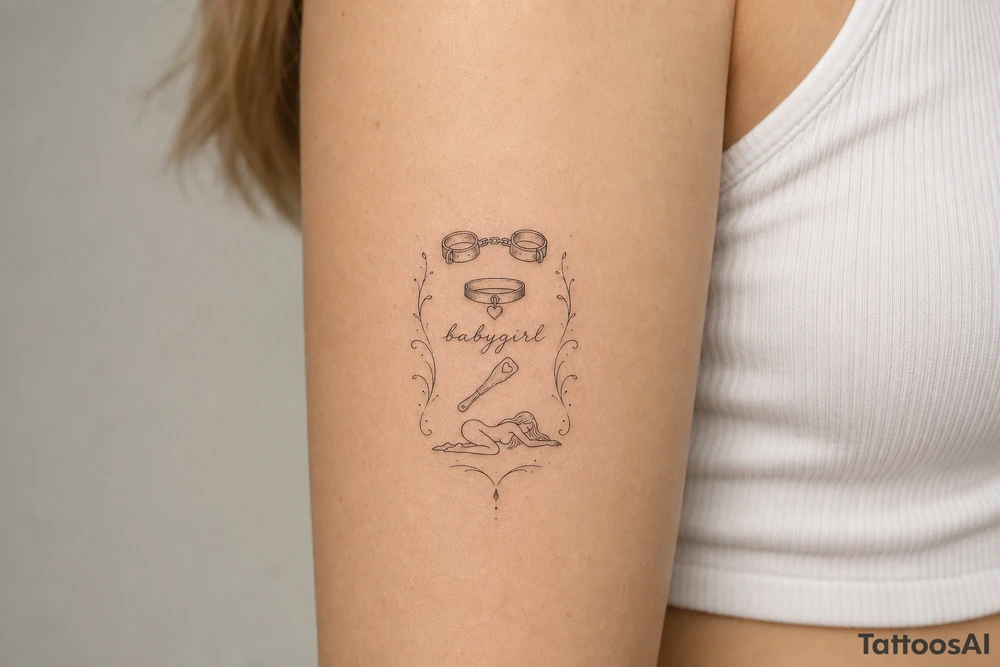 A tattoo for a submissive named babygirl, with a wrist cuffs, a collar, a paddle, and a minimalist line art female form that is kneeling and prone. tattoo idea