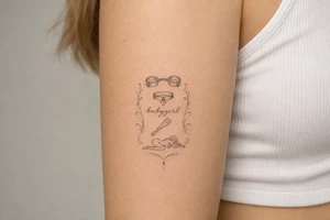 A tattoo for a submissive named babygirl, with a wrist cuffs, a collar, a paddle, and a minimalist line art female form that is kneeling and prone. tattoo idea