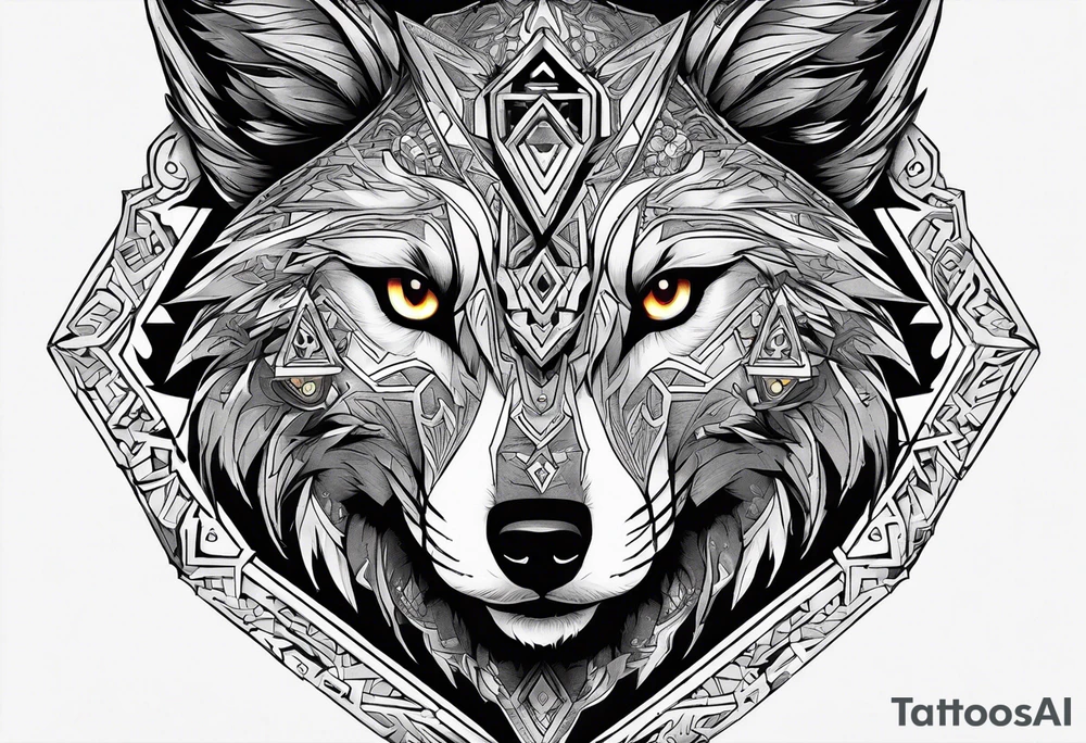 Legend of zelda link wolf in profile, in the center of his forhead is a diamond shape with a dot in the middle done in the style of black line work tattoo idea