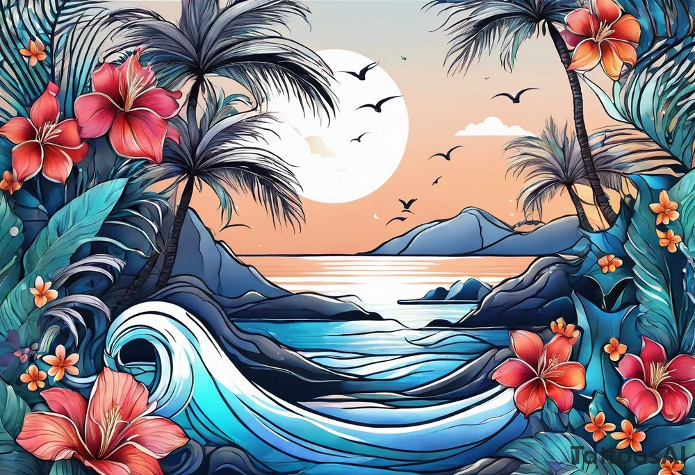 sea,, night, flower, palm, tattoo idea