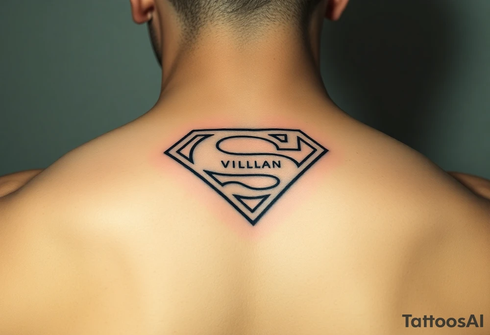 A hand tattoo that looks like the superman symbol but instead Says Soopa Villan tattoo idea