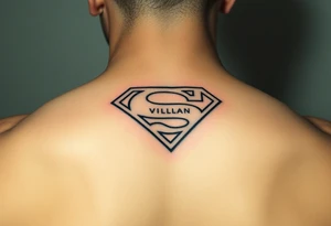 A hand tattoo that looks like the superman symbol but instead Says Soopa Villan tattoo idea