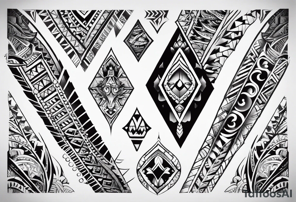 A black-and-white, asymmetrical Filipino tribal tattoo design centered along the spine, incorporating a wide variety of traditional Filipino symbols. tattoo idea