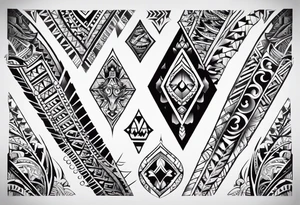 A black-and-white, asymmetrical Filipino tribal tattoo design centered along the spine, incorporating a wide variety of traditional Filipino symbols. tattoo idea