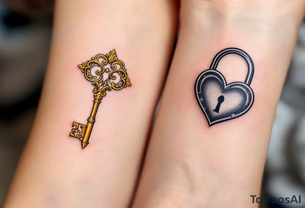 One has a vintage golden key with intricate filigree, and the other a heart-shaped lock in black and gray, matching on wrists or forearms. tattoo idea