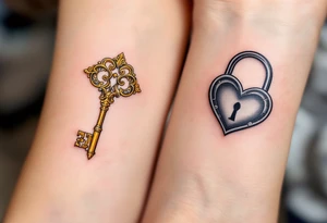 One has a vintage golden key with intricate filigree, and the other a heart-shaped lock in black and gray, matching on wrists or forearms. tattoo idea