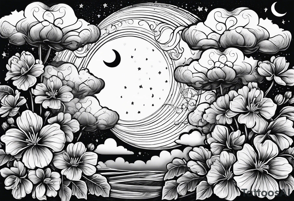 Geraniums as rain clouds with a crescent moon behind tattoo idea