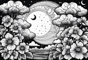 Geraniums as rain clouds with a crescent moon behind tattoo idea