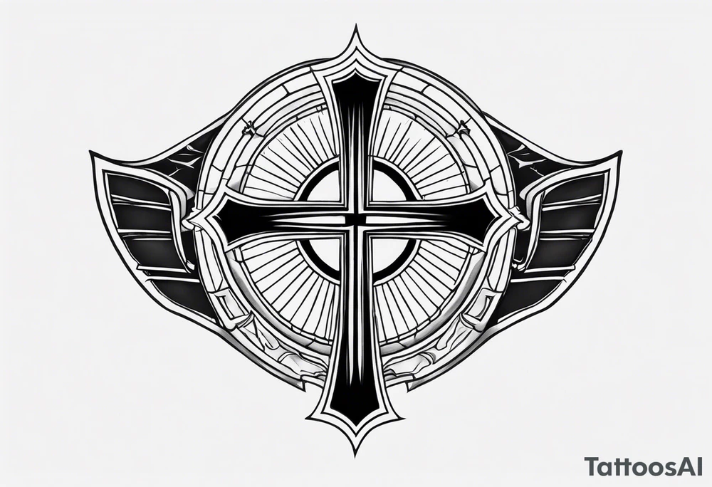 shoulder armor piece with a cross in the center and a sun on the side tattoo idea
