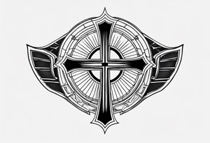 shoulder armor piece with a cross in the center and a sun on the side tattoo idea